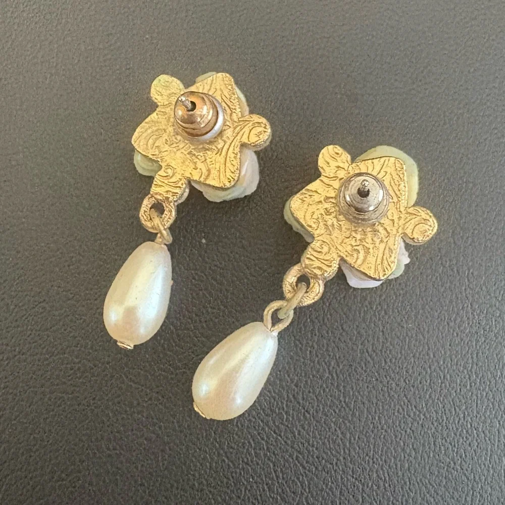 1928 pink porcelain dangle drop earrings flowers gold toned faux pearls - Picture 4 of 12